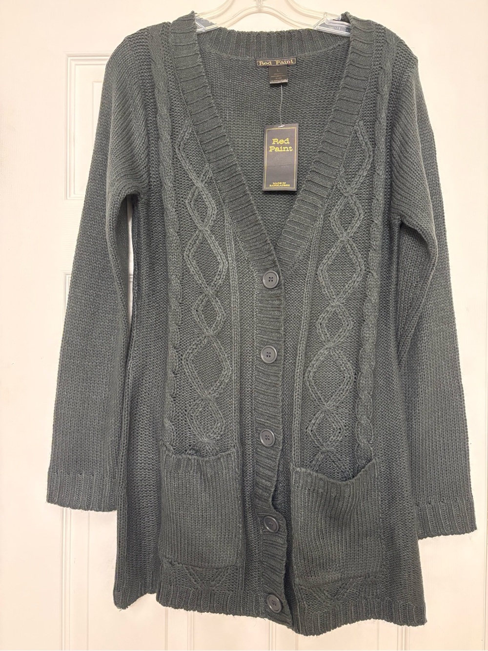 Red Paint Women's Gray Cable Knit Cardigan Sweater Pockets Size Large Acrylic